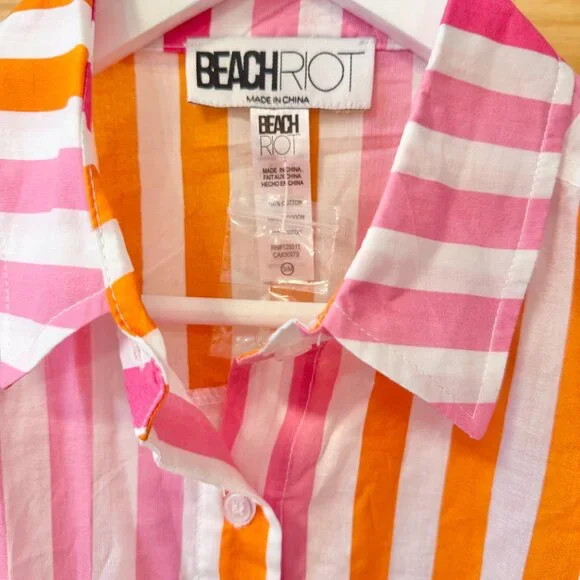 Beach Riot NEW Alexa Pink Striped Cotton Oversized Button Up Tunic Top size S/M - Picture 5 of 10